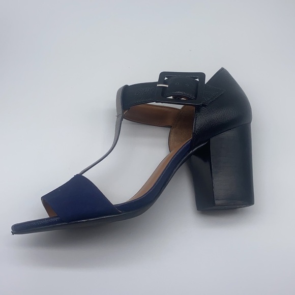 True Soul - Blue Suede And Black and Silver Leather Open Toe Heels Size 7 - Picture 12 of 15